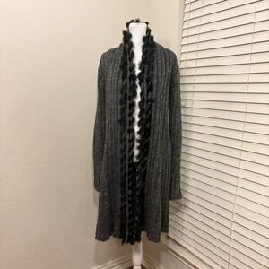 Alberto Makali gray cable knit duster long cardigan w real black rabbit fur trim